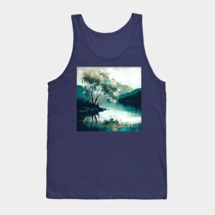 Gold and Blue Metallic Mountain Lake Reflections Tank Top